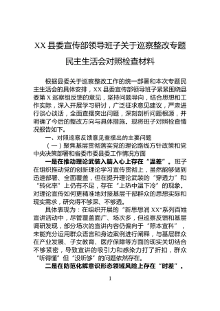 XX县委宣传部领导班子关于巡察整改专题民主生活会对照检查材料