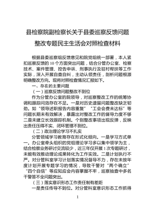 县检察院副检察长关于县委巡察反馈问题整改专题民主生活会对照检查材料