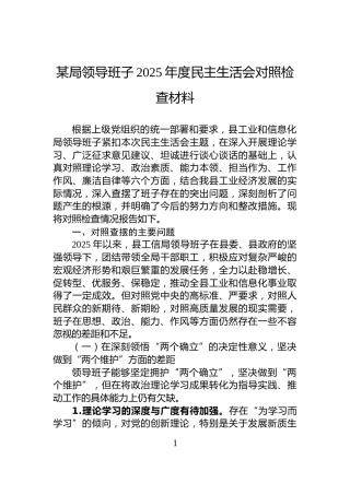 某局领导班子2025年度民主生活会对照检查材料