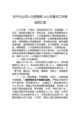 关于分公司人力资源部2025年重点工作情况的汇报