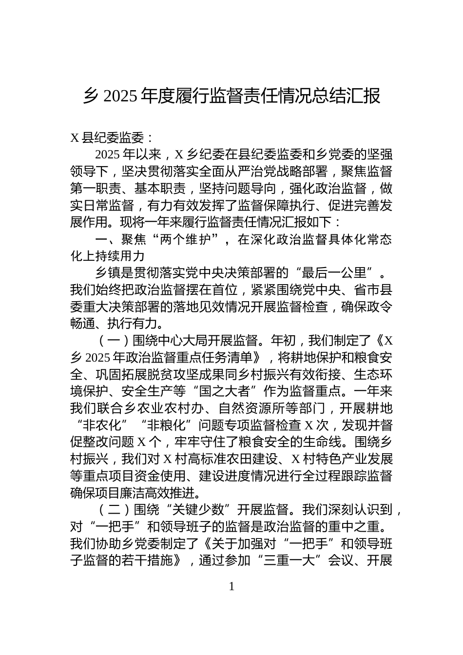 乡2025年度履行监督责任情况总结汇报_第1页