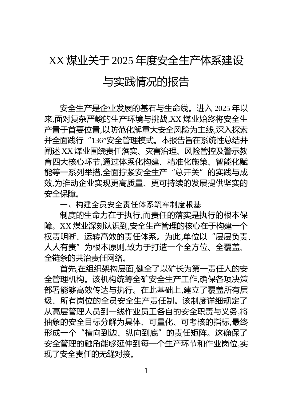 XX煤业关于2025年度安全生产体系建设与实践情况的报告_第1页