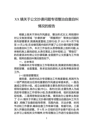 XX镇关于公文抄袭问题专项整治自查自纠情况的报告