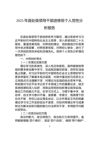 2025年县处级领导干部进修班个人党性分析报告