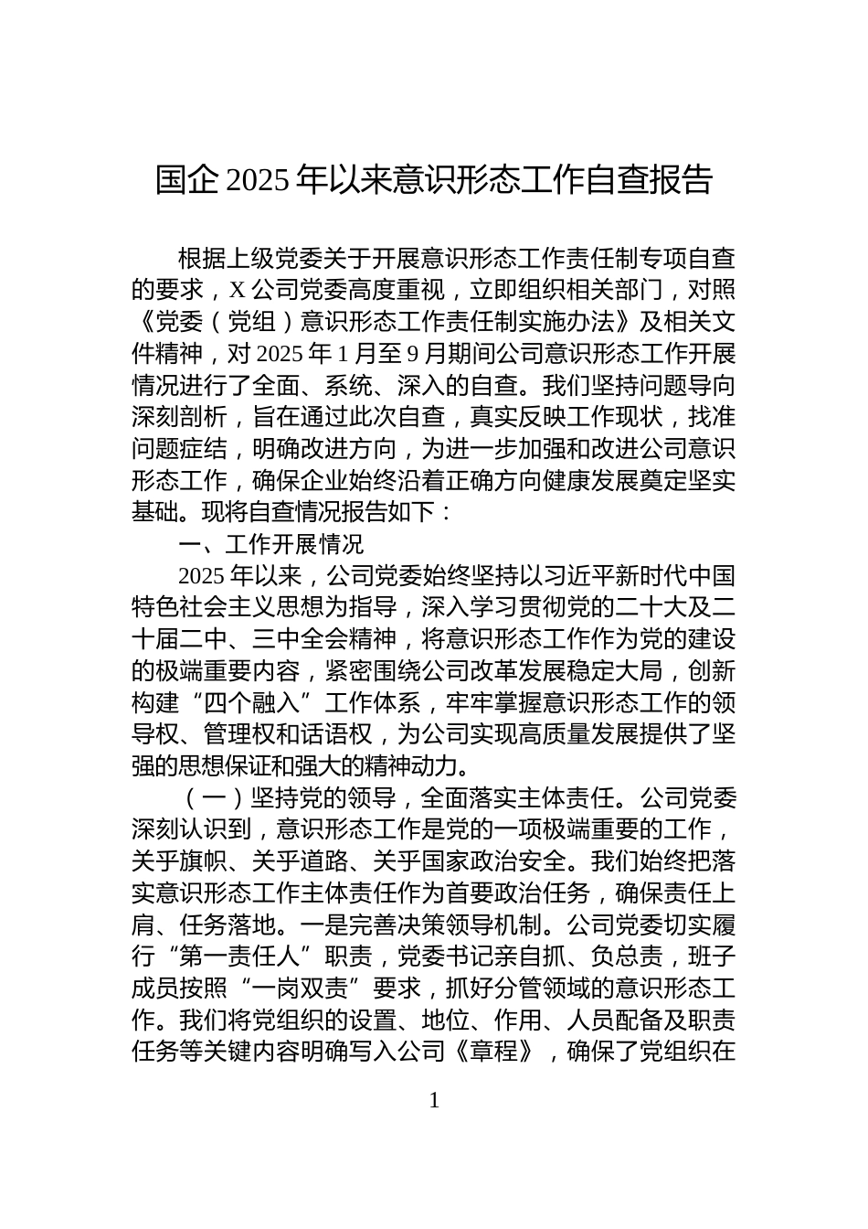 国企2025年以来意识形态工作自查报告_第1页