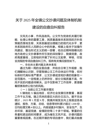 关于2025年全镇公文抄袭问题及体制机制建设的自查自纠报告
