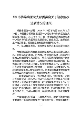 XX市传染病医院支部委员会关于巡察整改进展情况的通报