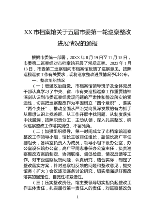 XX市档案馆关于五届市委第一轮巡察整改进展情况的通报