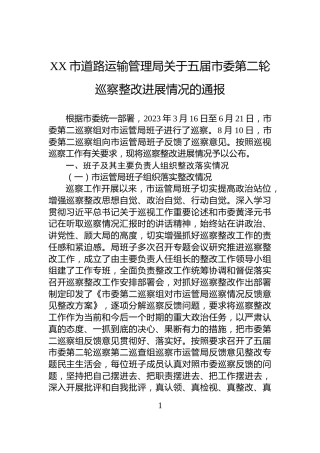 XX市道路运输管理局关于五届市委第二轮巡察整改进展情况的通报