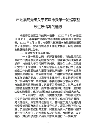 市地震局党组关于五届市委第一轮巡察整改进展情况的通报