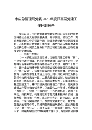 市应急管理局党委2025年度抓基层党建工作述职报告