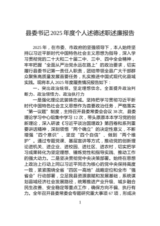 县委书记2025年度个人述德述职述廉报告