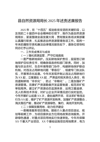 县自然资源局局长2025年述责述廉报告