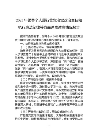 2025年领导个人履行管党治党政治责任和执行廉洁纪律等方面述责述廉情况报告