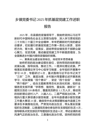乡镇党委书记2025年抓基层党建工作述职报告