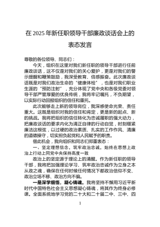 在2025年新任职领导干部廉政谈话会上的表态发言