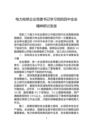 电力检修企业党委书记学习党的四中全会精神研讨发言