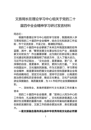 文旅局长在理论学习中心组关于党的二十届四中全会精神学习研讨发言材料
