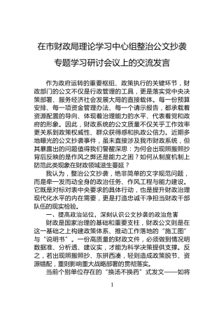 在市财政局理论学习中心组整治公文抄袭专题学习研讨会议上的交流发言