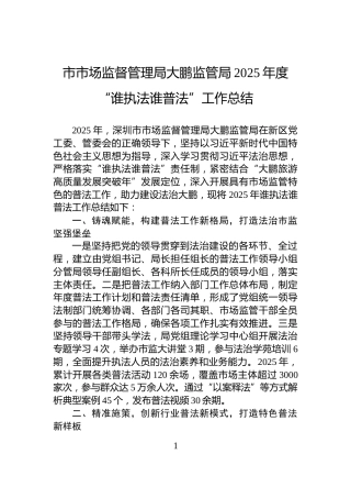 市市场监督管理局大鹏监管局2025年度“谁执法谁普法”工作总结