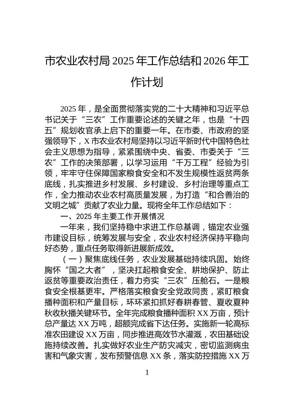 市农业农村局2025年工作总结和2026年工作计划_第1页