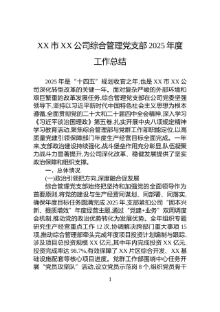 XX市XX公司综合管理党支部2025年度工作总结