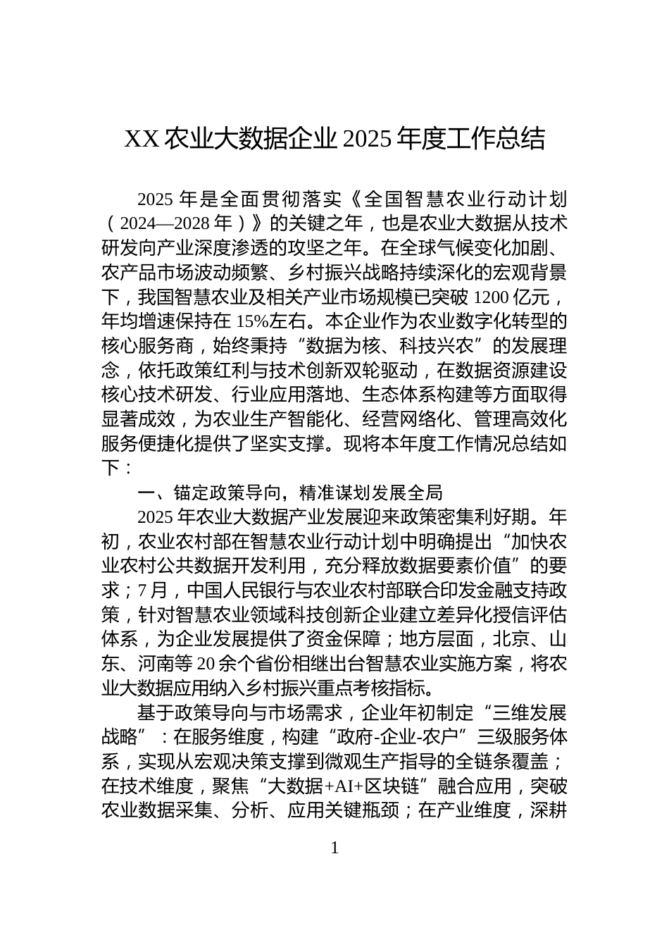 XX农业大数据企业2025年度工作总结_第1页