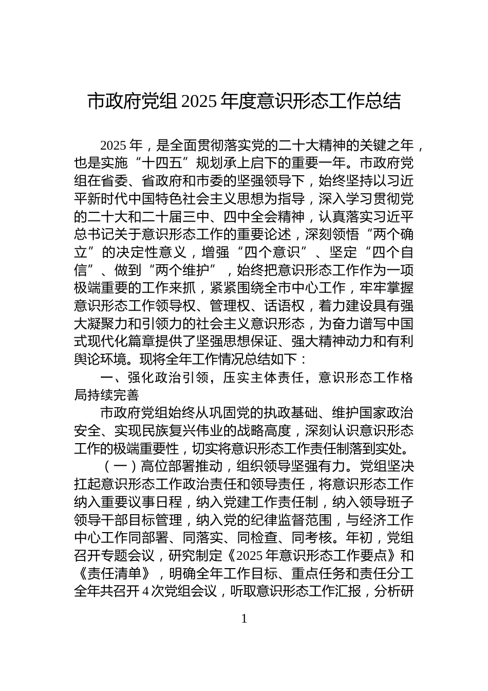 市政府党组2025年度意识形态工作总结_第1页
