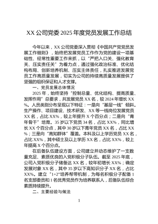 XX公司党委2025年度党员发展工作总结