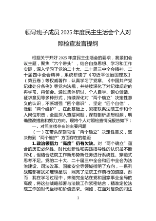 领导班子成员2025年度民主生活会个人对照检查发言提纲