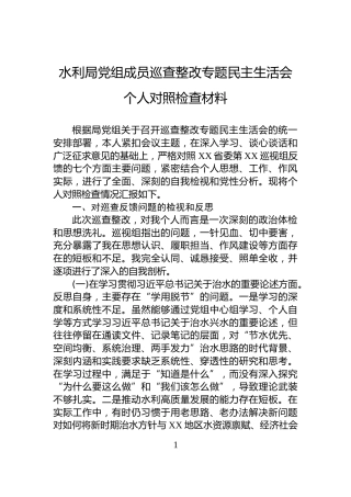 水利局党组成员巡查整改专题民主生活会个人对照检查材料