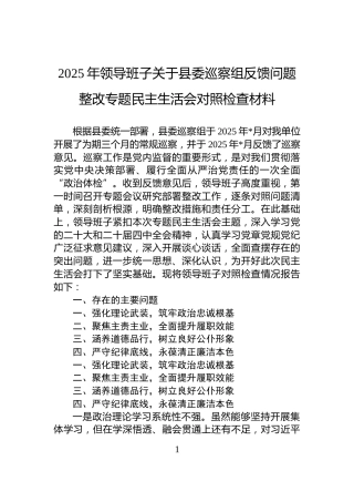 2025年领导班子关于县委巡察组反馈问题整改专题民主生活会对照检查材料