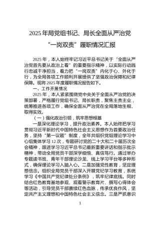 2025年局党组书记、局长全面从严治党“一岗双责”履职情况汇报