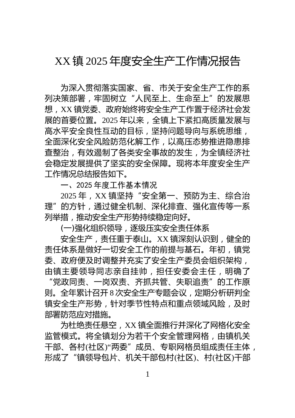 XX镇2025年度安全生产工作情况报告_第1页