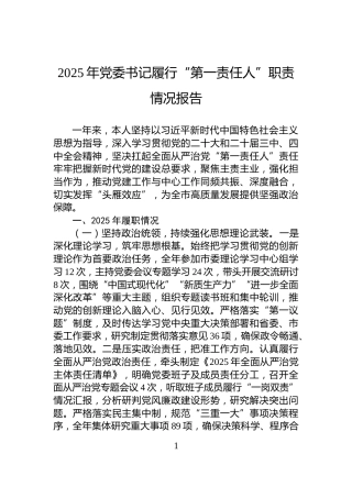 2025年党委书记履行“第一责任人”职责情况报告