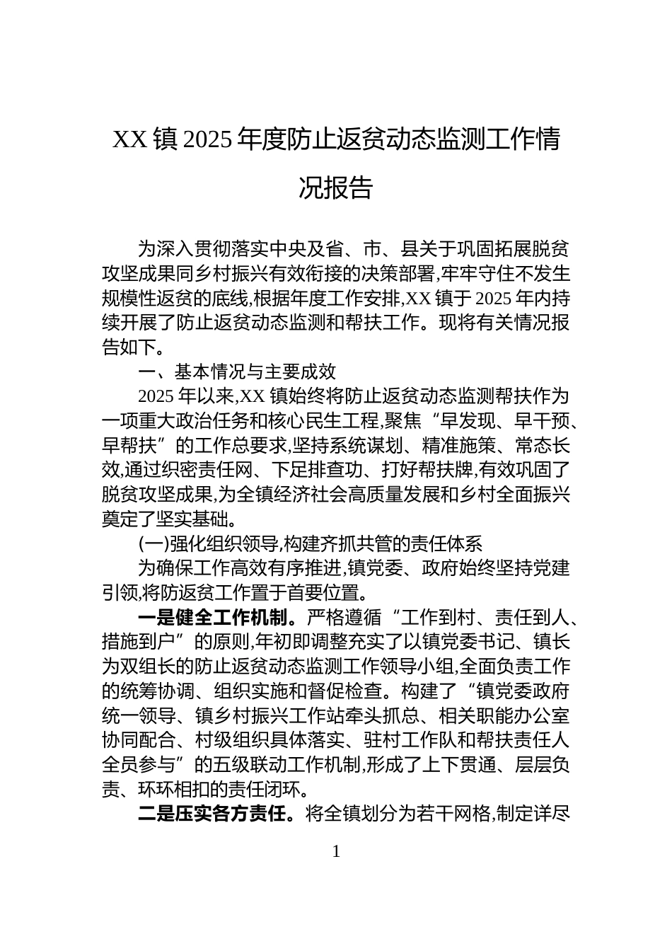 XX镇2025年度防止返贫动态监测工作情况报告_第1页