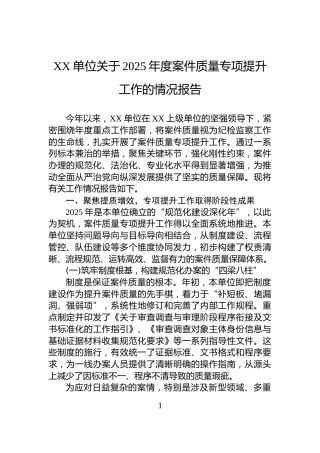 XX单位关于2025年度案件质量专项提升工作的情况报告