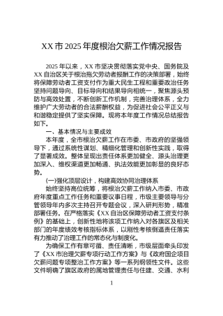 XX市2025年度根治欠薪工作情况报告