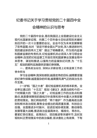 纪委书记关于学习贯彻党的二十届四中全会精神的认识与思考