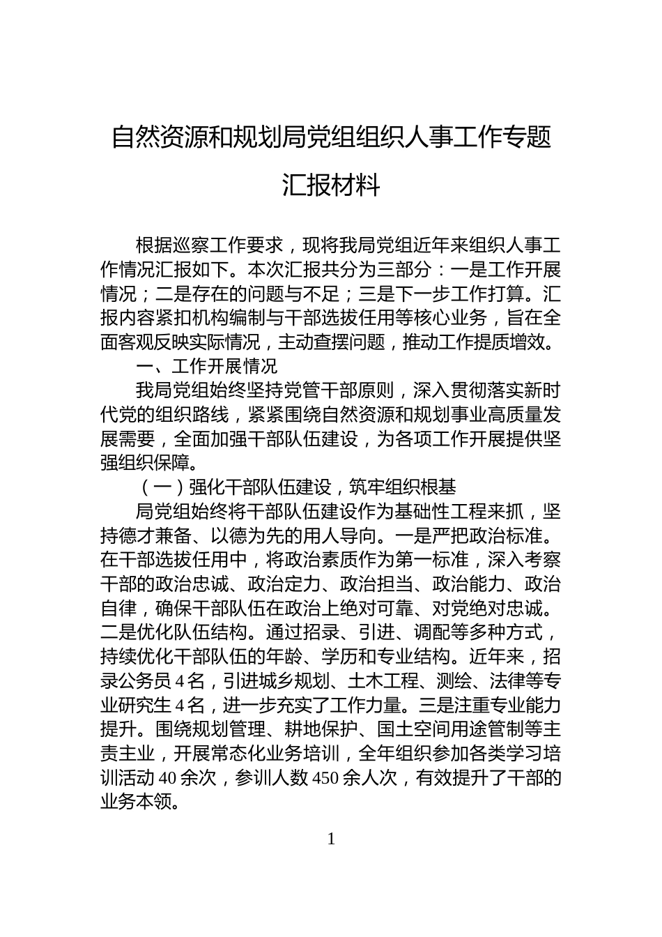 自然资源和规划局党组组织人事工作专题汇报材料_第1页
