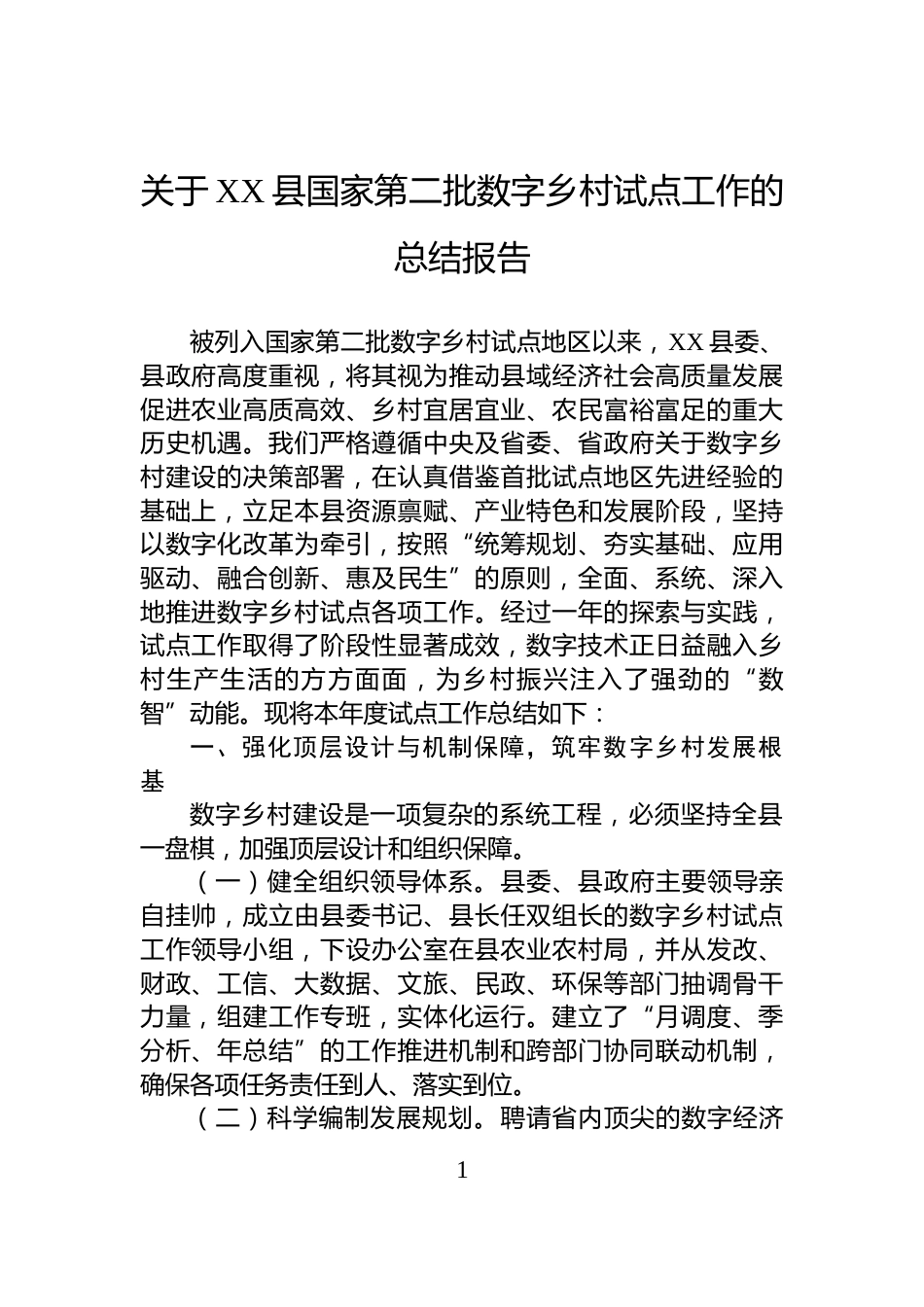 关于XX县国家第二批数字乡村试点工作的总结报告_第1页