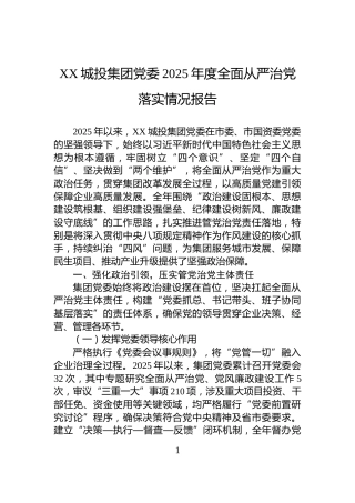 XX城投集团党委2025年度全面从严治党落实情况报告