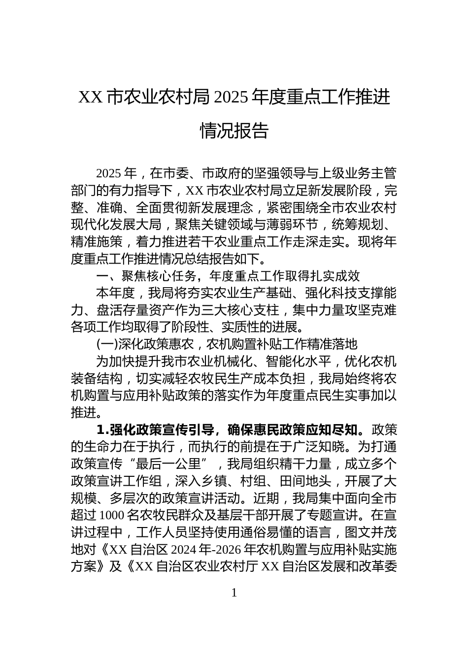 XX市农业农村局2025年度重点工作推进情况报告_第1页