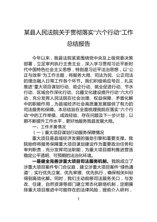 某县人民法院关于贯彻落实六个行动工作总结报告