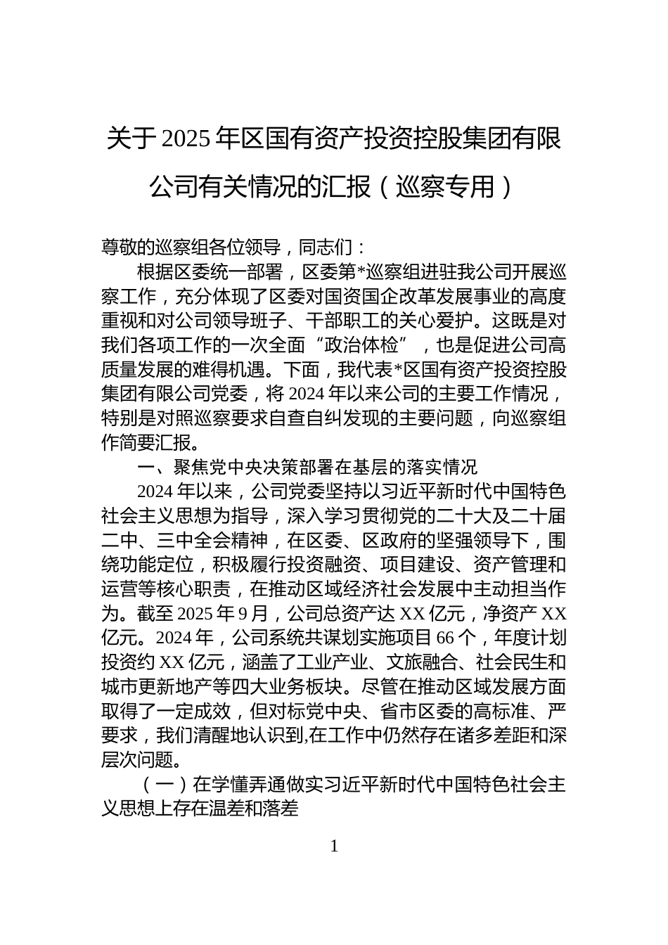关于2025年区国有资产投资控股集团有限公司有关情况的汇报（巡察专用）_第1页