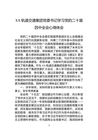XX轨道交通集团党委书记学习党的二十届四中全会心得体会
